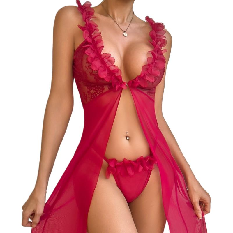 Sheer Mesh Bra - Red Transparent Mesh Suspender Pajama Sexy