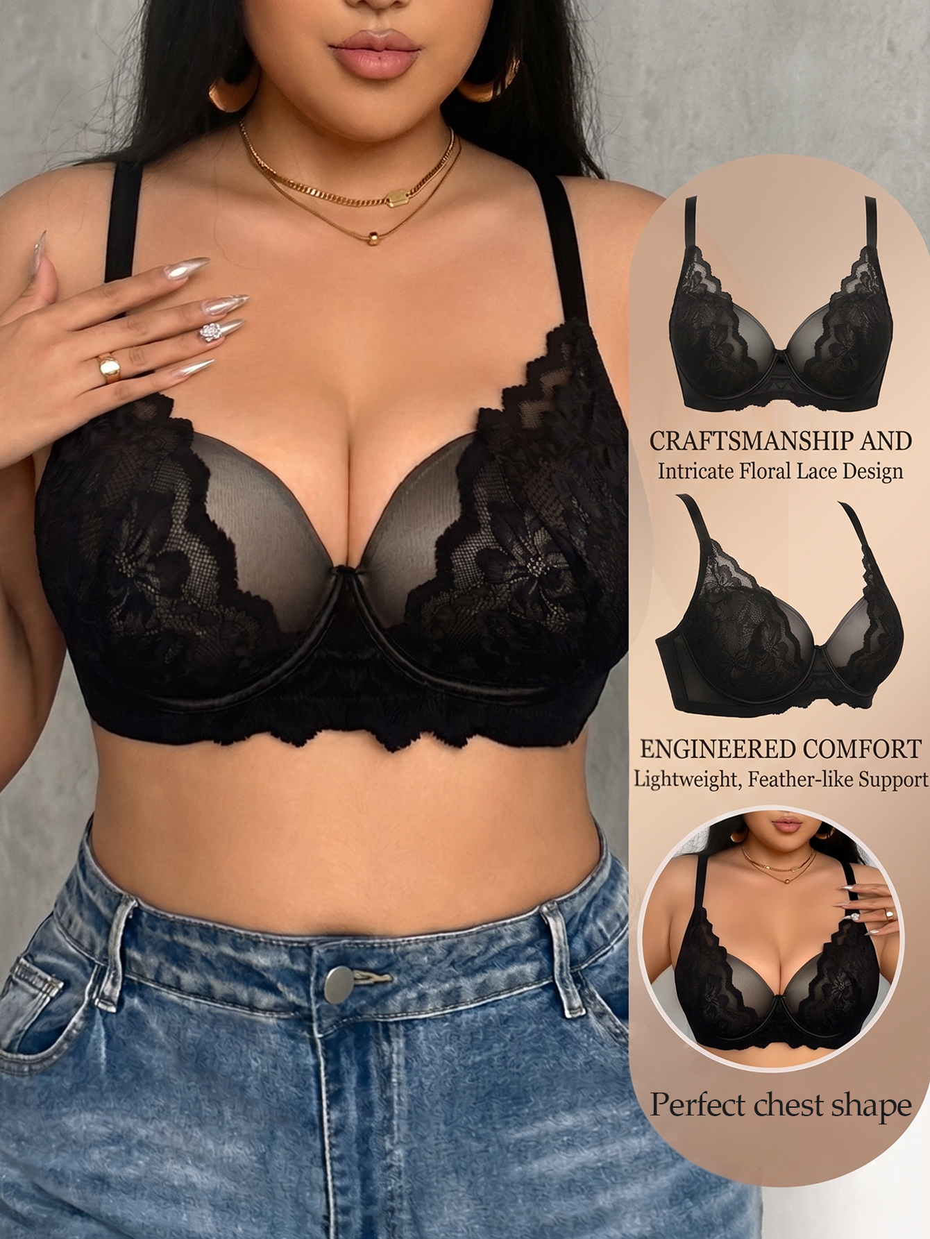 Wide Strap Plus Size Women Bra - огляд і ціна Plunge Bra Push Up