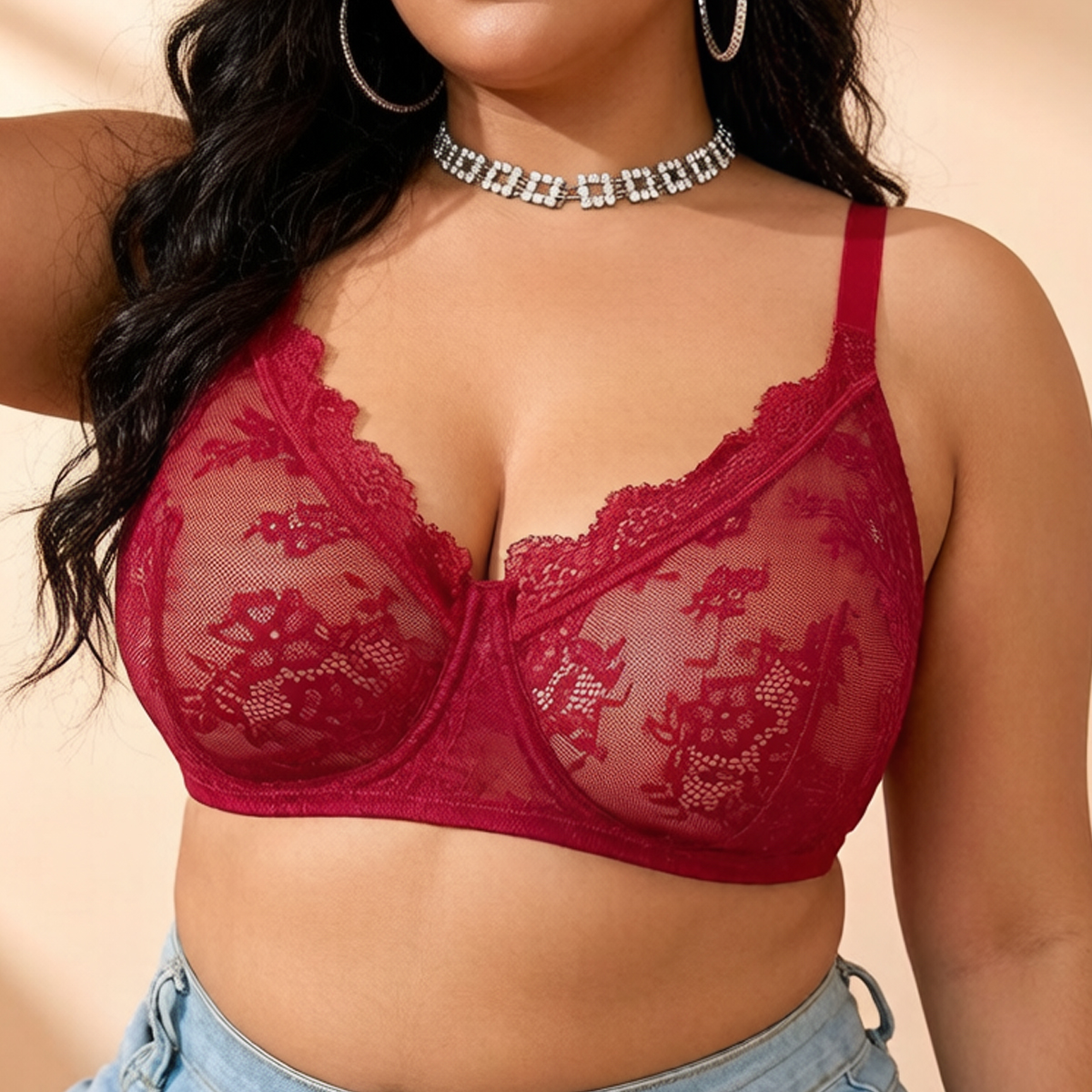 Women Plus Size Red Lace Sheer - огляд і ціна Full Coverage Bra