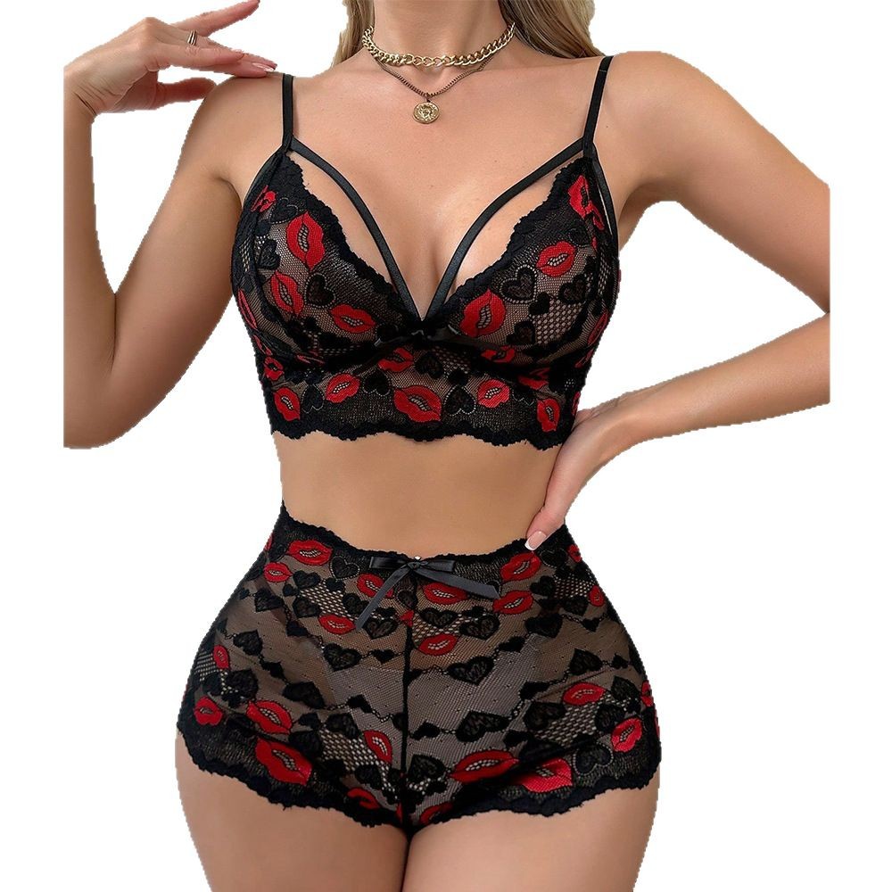 Babydoll Lingerie Set Red Lips - огляд і ціна Sheer Mesh Bra